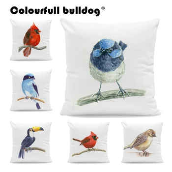 

Cartoon Painting Birds Stand on Tree Branch Cushion Cases Red Blue Yellow Parrot Throw Pillow Covers Decorate Living Room Couch