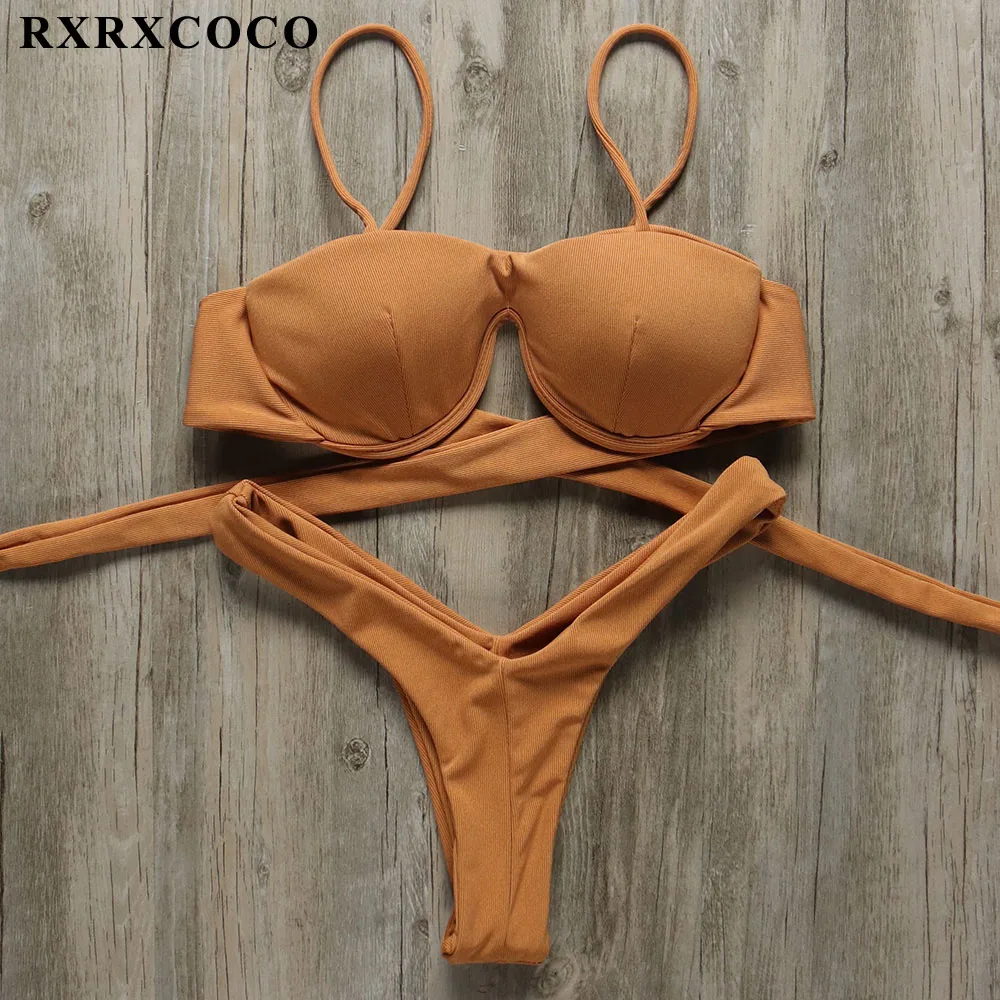 

RXRXCOCO Sexy Bikini 2018 Solid Bandage Swimwear Women Push Up High Cut Swimsuit Maillot De Bain Femme Thong Bikinis Beachwear