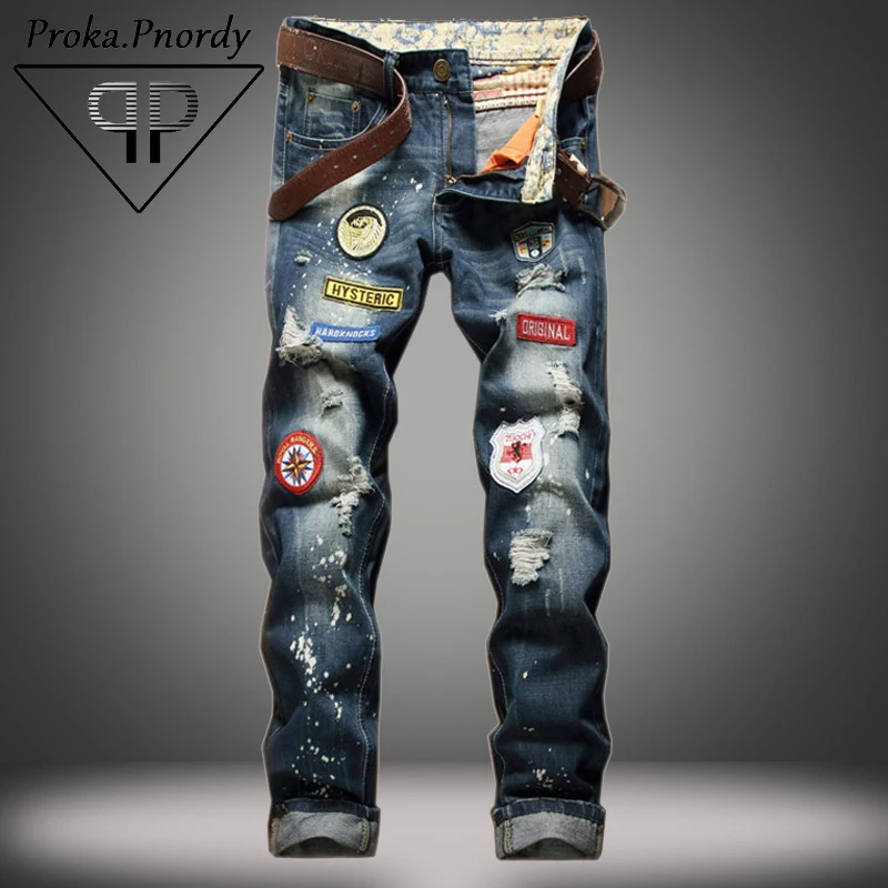 Индийские мужские футболки бренда proka pnordy 2017 мода Inked значок разрушить мужские джинсы из денима Прямые тонкие ковбойские Jeasn мужские рваные