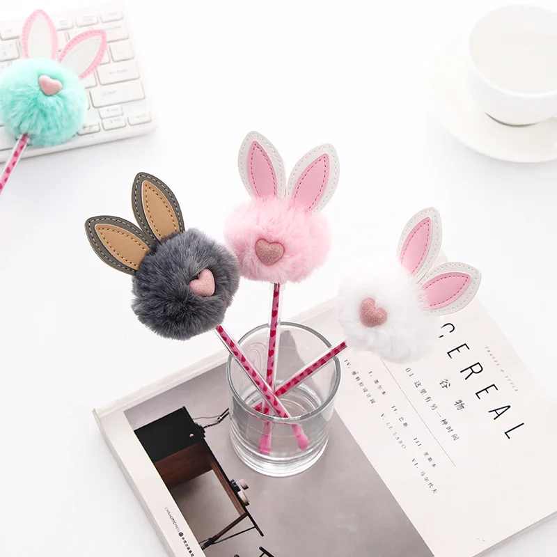 

1pc Cute Bunny Rabbit Ear Plush Gel Pens Kawaii Black Ink 0.5mm Writing Pens For School Stationery Wholesale Kids Gift 2018 New