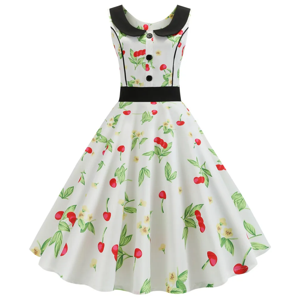 

Cherry Printed Summer Dresses 2019 Fashion Peter pan Collar Robes Vintage Pin Up Vestidos Floral Retro 50S 60S Rockabilly Dress