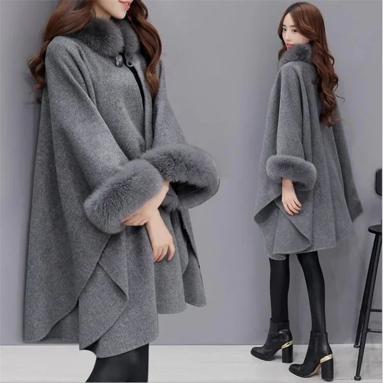 gray Новое осенне-зимнее женское пальто Vestido размера плюс, Свободное пальто с воротником из лисы, один плащ с пуговицами, шерстяное пальто для женщин, верхняя одежда - Цвет: gray