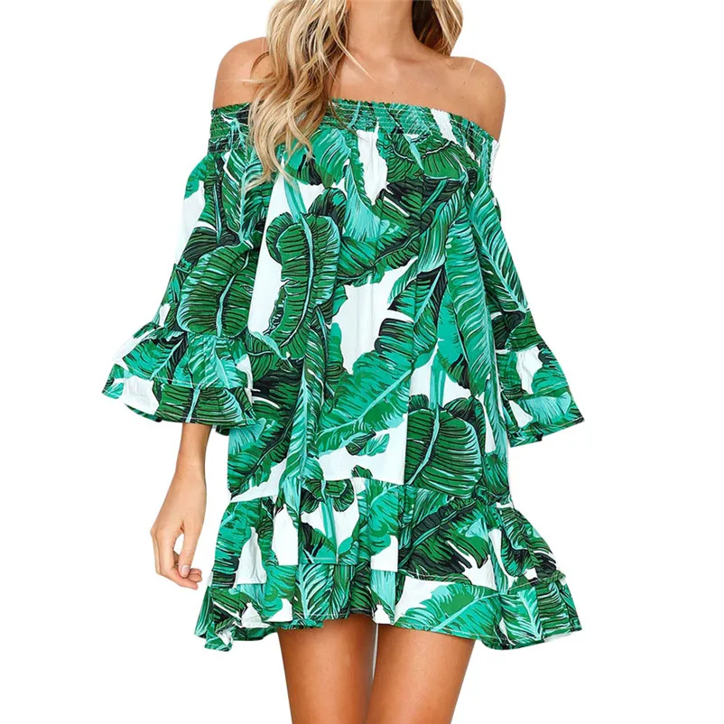 2018 HOT sell Dress summer beach dress Women Sexy Leaves Printing Off Shoulder Half Sleeve Dress Princess Dress vestido J07#N (6)