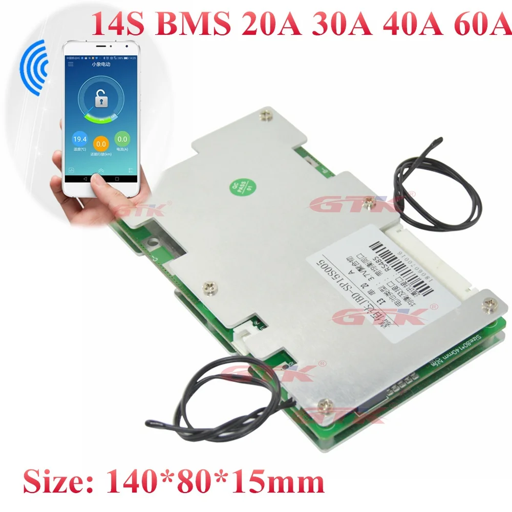 

14S 20A 30A 40A 60A 48V 52v lithium li-ion smart BMS pcb balance charge display with communication UART android Bluetooth App