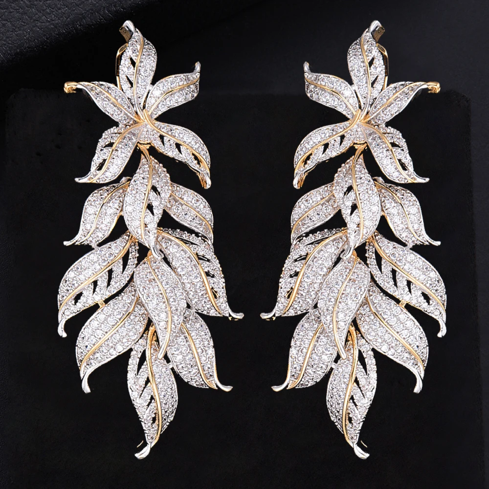 

78mm Fashion Leaves Cluster Drop Dangle Long Earrings For Women Wedding Bridal Jewelry