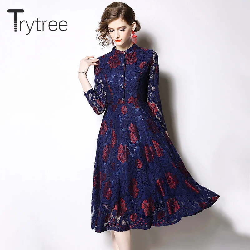 

Trytree 2019 Summer Autumn Floral Lace Casual Dress women dresses Short sleeve Stand collar A-Line Knee-Length Silky Mesh Dress