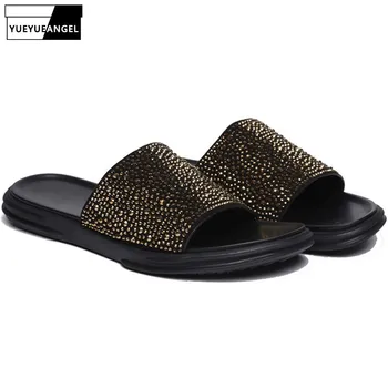 

2019 Runway New Mens Shiny Crystal Studded Slippers High Quality Genuine Leather Rivets Platform Slides Casual Streetwear Shoes