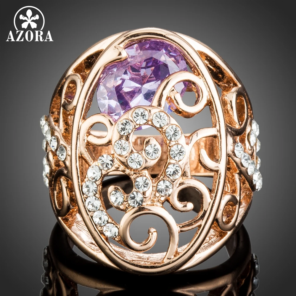 AZORA Rose Gold Color Geometric Ancient Pattern Purple Zirconia Finger Rings for Women Wedding Engagement Jewelry Gift TR0221