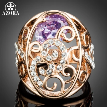 

AZORA Rose Gold Color Geometric Ancient Pattern Purple Zirconia Finger Rings for Women Wedding Engagement Jewelry Gift TR0221