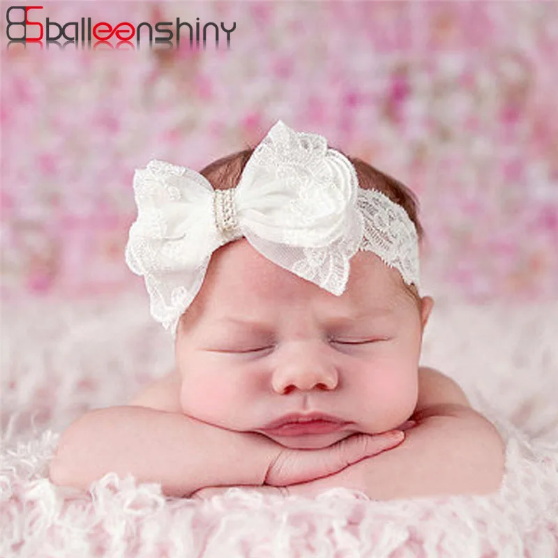 Balleenshiny/белые кружевные ободки для девочек с кристаллами и бантом; Эластичные аксессуары для волос; детские головные уборы; повязка для волос для новорожденных; реквизит для фотосъемки