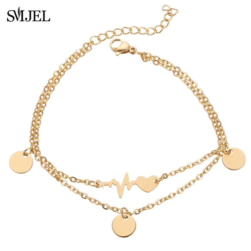 SMJEL Rock Wave ECG Heart Anklets Bracelets Leg Female Gold Chain Heart Charm Fashion Electrocardiogram Stainless Steel Jewelry SMJEL Rock Wave ECG Heart Anklets Bracelets Leg Female Gold Chain Heart Charm Fashion Electrocardiogram Stainless Steel Jewelry