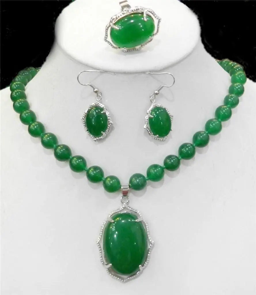 Free Shipping>Natural Charming Green jade stone Necklace Ring Earring