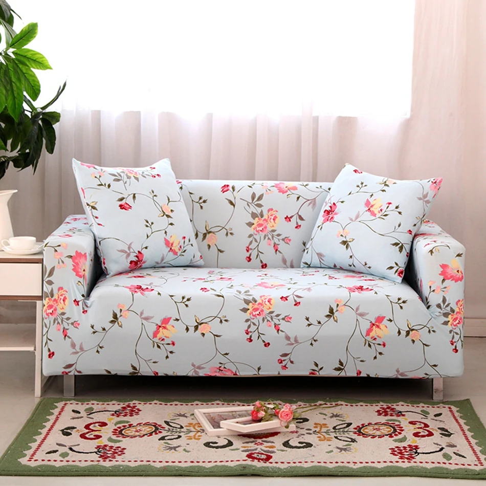 Blue flowers print stretch sofa cover for living room polyester elastic flowers couch sofa cover multi