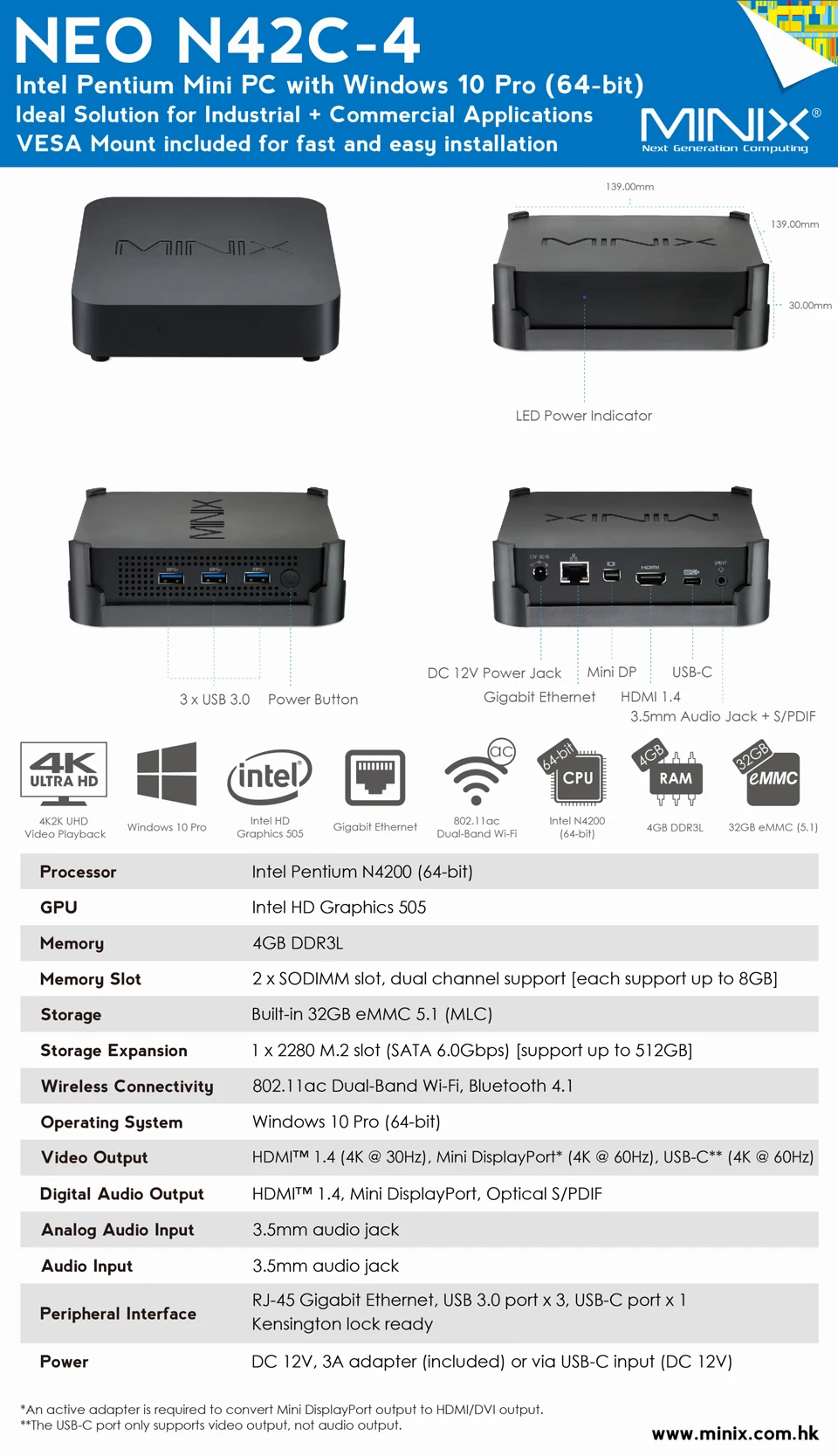 MINIX NEO N42C-4 MINI PC официальный Windows 10 Pro 64-bit мини P C 4G/32G Gigabit WI-FI USB 3,0 Pentium N4200 мини-ПК