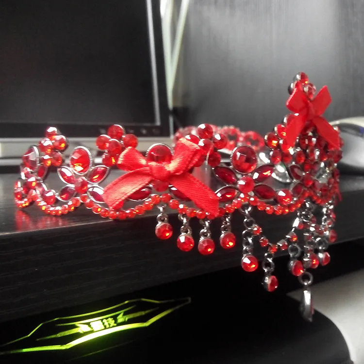 HIMSTORY элегантный красный ручной работы свадебный венец со стразами и тиара, кружева бантом Стразы Принцесса Свадебные Волосы пышные Корона