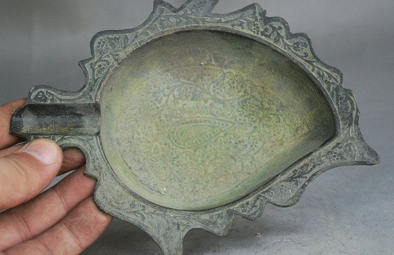 

7" Old China Palace Bronze Wealth Auspicious Leaf Ashtray Writing Brush Washer