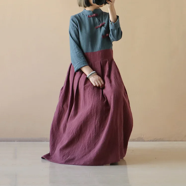 

Women Patchwork Linen Dress Vintage Loose Stand Collar Handmade Button Flax Dress Female Autumn Spring Dresses
