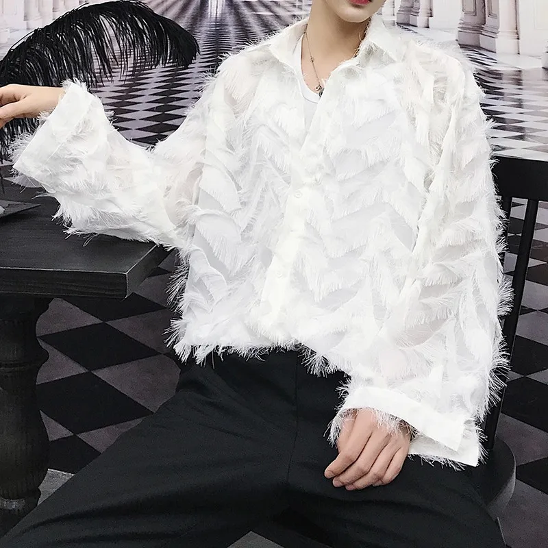 

Feather Transparent Shirt Men 2018 New Autumn Men And Women Sexy Shirt For Couple Camicia Uomo See Throug Shirt Men black white