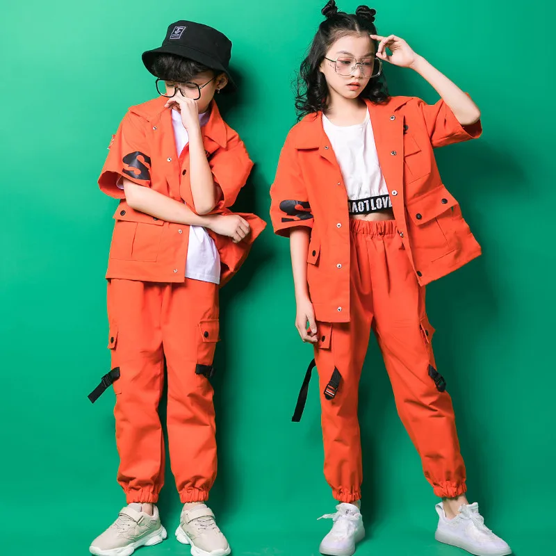 Three-piece Suit Hip Hop Clothing Kids Orange Coat Long Sleeve T-Shirt Clothes Boys Girls Jazz Street Dance Costumes Clothes (5)