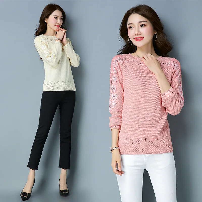 

2017 Women Knitted lace patchwork Sweater Autumn Spring Long Sleeve Knit Sweaters O-neck pullovers