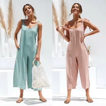

Rompers Summer Women Casual Loose Linen Cotton Jumpsuit 2019 New Sleeveless Backless Pocket Playsuit Trousers Overalls