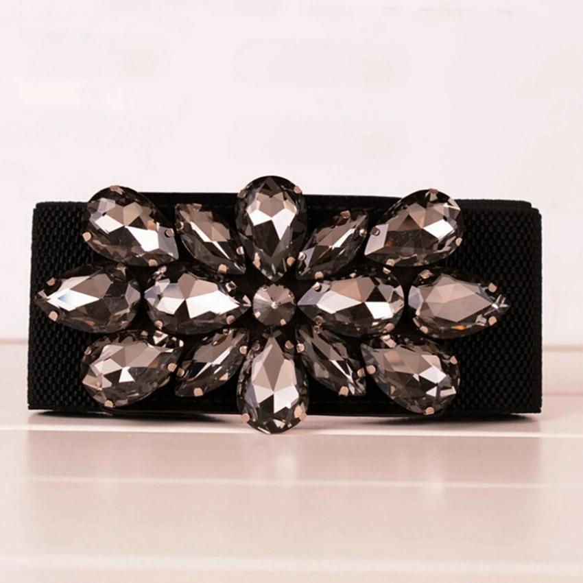 

Women Black High Waist Belts Vintage Elastic Waist Belt for Ladies Stretch Corset Waistband Crystal Buckle Strap Cinch