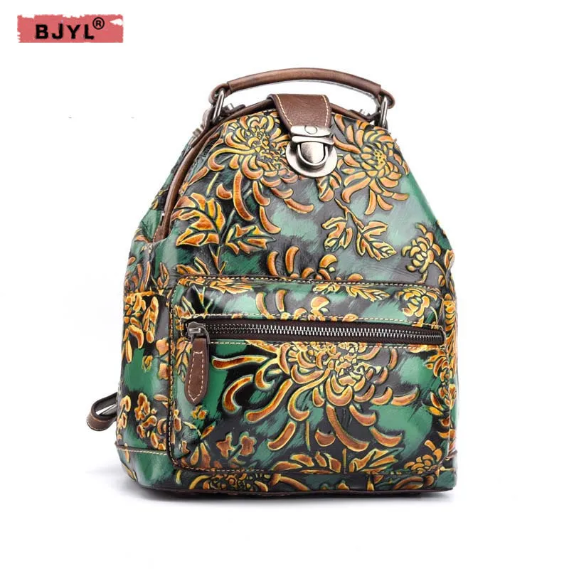 

BJYL New Women Floral Printing Backpack Genuine Leather Female Bags Vintage Design Laptop School Bag mochila escolar travel Bags