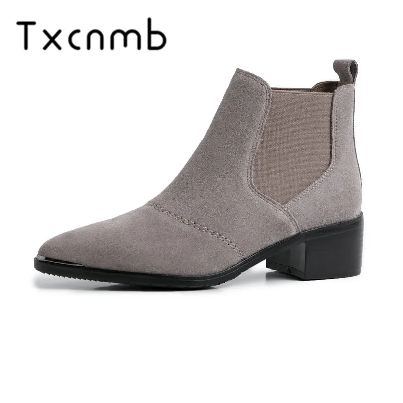 

TXCNMB 2019 Cow Suede Leather Square Heels Boots Woman Ladies Work Shoes Fashion Ankle Boots Dress Shoes Woman Size 40