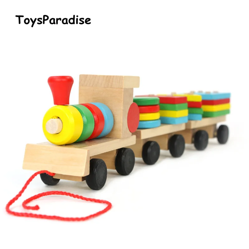

Train Toy Stacking Train Geometry Blocks Wooden Toys For Kids Drag Three Small Train Building Vehicle Blocks Baby Education Gift