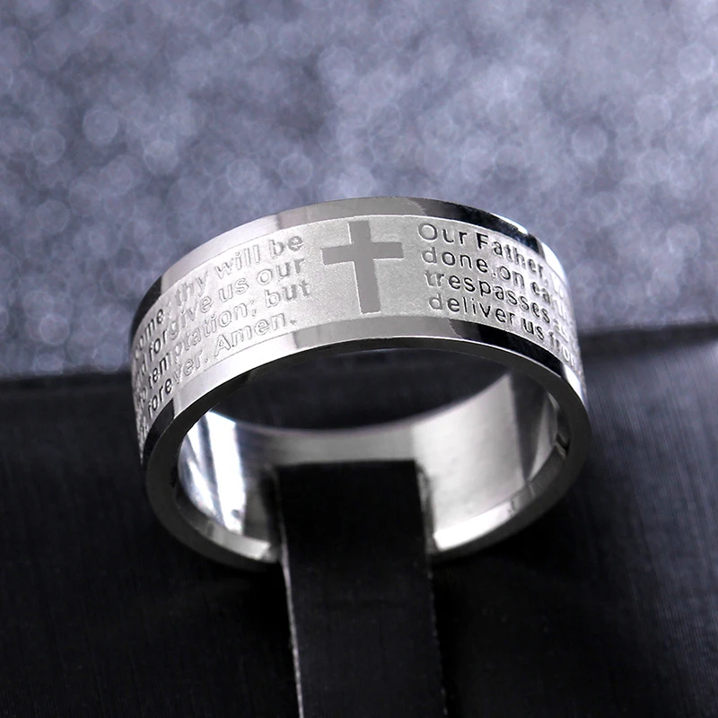 English Titanium Steel Christian Cross Bible Ring for Men and Women Personalized Ring Customize Engraved finger ring