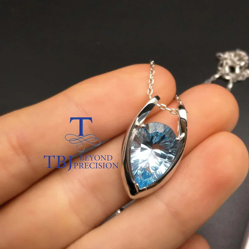 925 Sterling Silver V shape Pendant with nautral SKY BLUE topaz concave cut Gift box