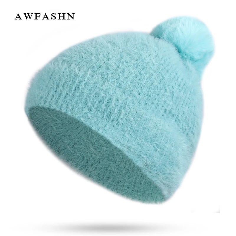 

New Hot Luxury Brand Angora Wool Ladies Knit Beanies Hat Solid Color Pompon Winter Woman's Hat Skullies Women Bone Plush Ski