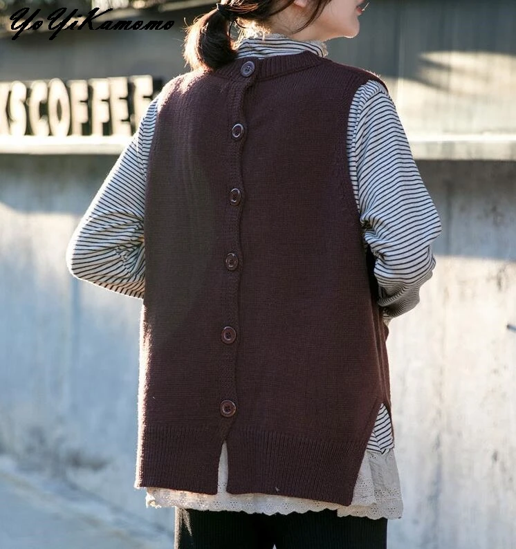 YoYiKamomo японский Мори девушка Весна Винтаж Харадзюку пуловер свитер без рукавов карманы вязаный свитер женский пуловер Топы