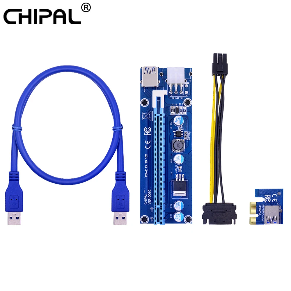 CHIPAL VER006C 60CM PCI-E Riser Card 006C PCI Express PCIE 1X to 16X Adapter USB 3.0 Cable SATA to 6Pin Power