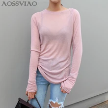Sexy Mulheres Manga Comprida T-shirt O Pescoço Slim Fit Quente 2021 Primavera Verão Camisetas Básicas Mulheres Coreanas Tops Preto Branco Azul Rosa