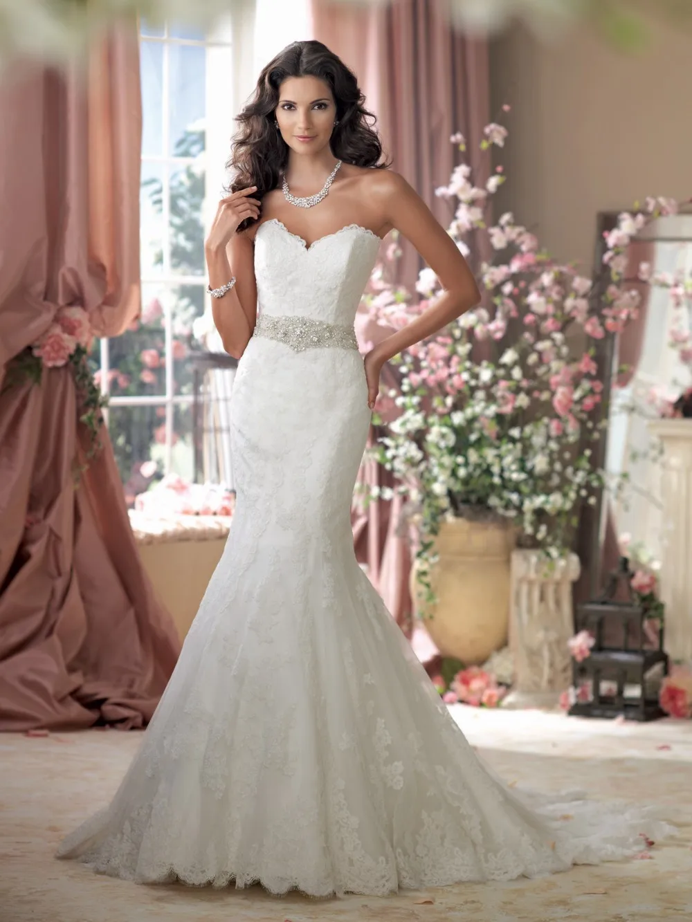 

free shipping new hot 2016 romantic fashionable casamento crystal belt vestidos sexy mermaid lace wedding dresses Bridal Gown
