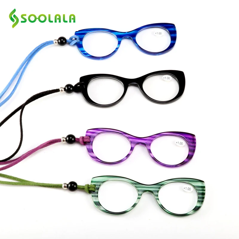 SOOLALA, висящие на шее очки для чтения, мужские и женские очки для дальнозоркости, дальнозоркости, очки для чтения с кошачьими глазами+ 1,0 1,5 2,0 2,5 3,0 3,5