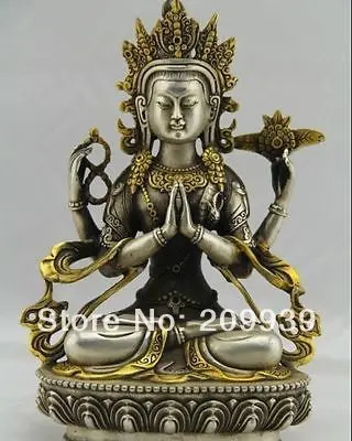 

huij 005329 Tibet Tibetan Buddhism Silver Bodhisattva Four arm Kwan Yin Buddha Statue (A0314)