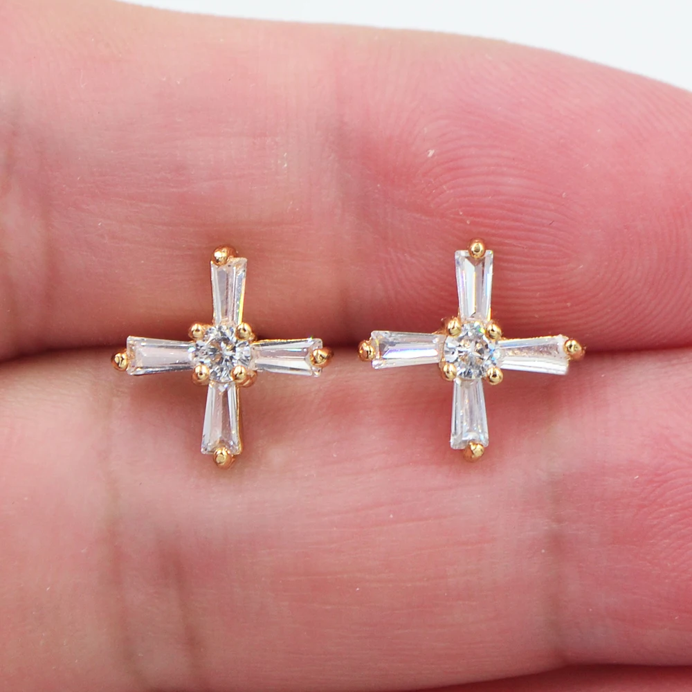

Fashion Women Gold Color AAA+ Cubic Zirconia Clear CZ Classic Cross Stud Earrings Jewelry