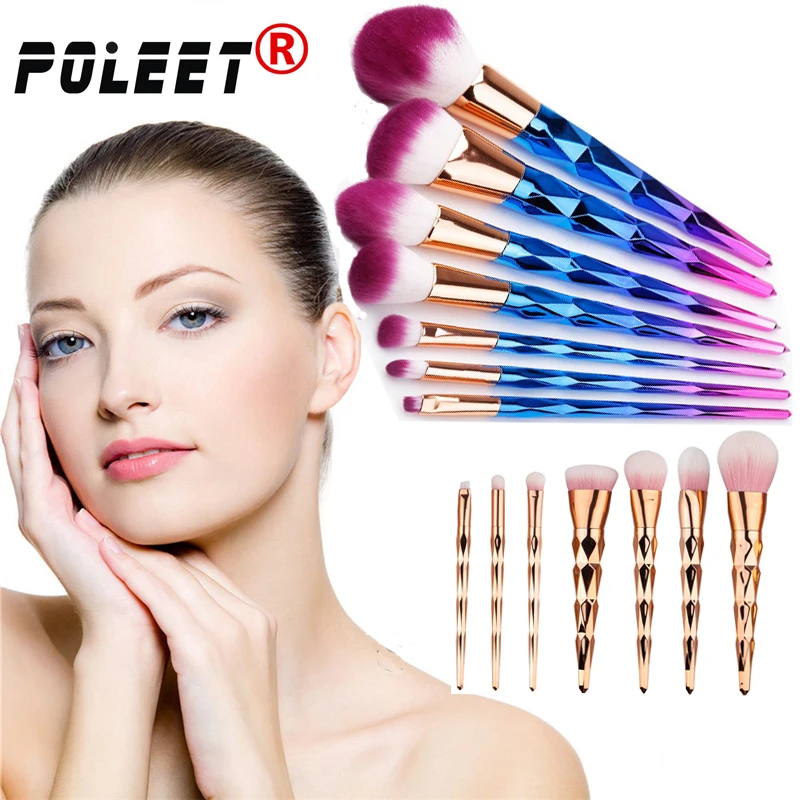 Free Shipping 7pcs/set Diamond Professional Mermaid Makeup Brushes Colorful Kit Foundation Eyeshadow Powder Brush | Красота и
