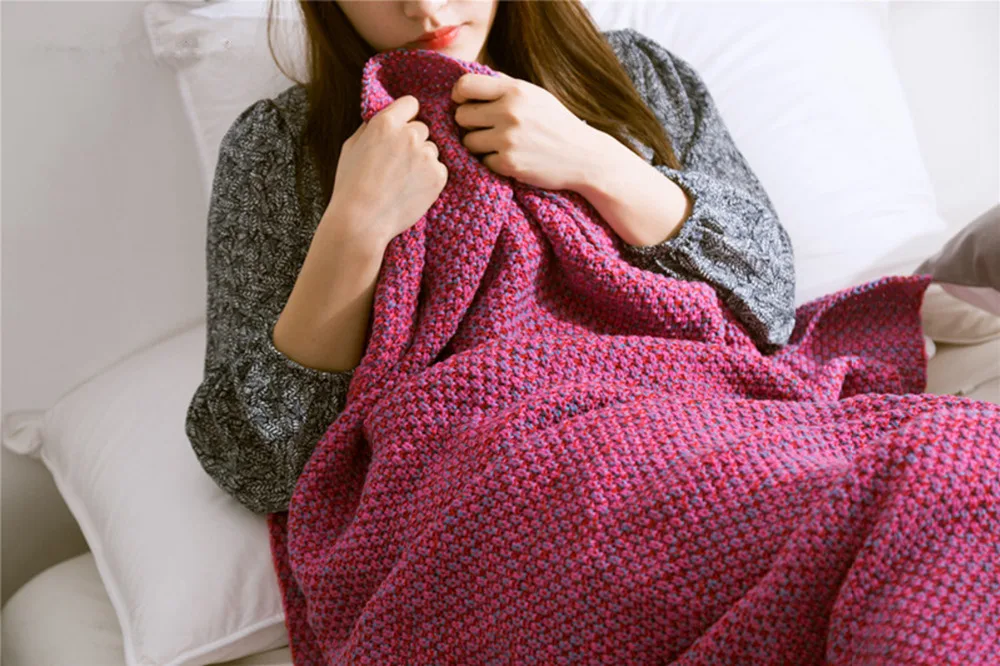Супер мягкое вязаное одеяло Русалочка для взрослых, ручная работа, вязаная пряжа, окрашенная обертка, диван, спальный мешок, однотонный фиолетовый 180x80 см