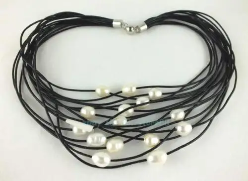 

Jew3113 10-12mm Oval White Pearl Black Line Necklace 18''