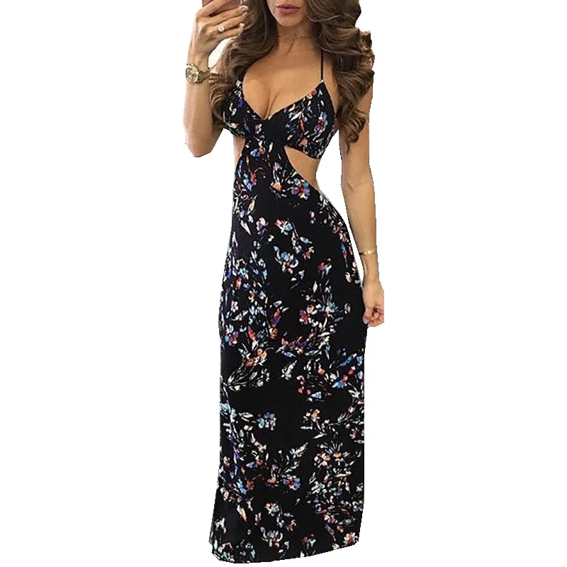

Women Summer Sexy Cut Out Backless Beach Dresses Vintage Boho Long Maxi Evening Party Dress Floral Sundress