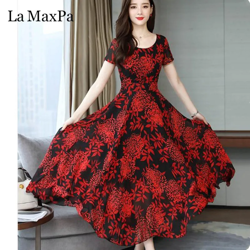 

Women's Dress 3XL Large Size 2019 summer new slim printed short-sleeved dress high quality fashion party beach elegant vestidos