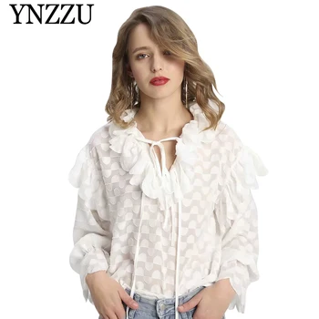 

YNZZU 2019 Summer white jacquard ruffles V-neck women shirt Sexy perspective lace up long sleeve blouse Loose chis blouse YT601