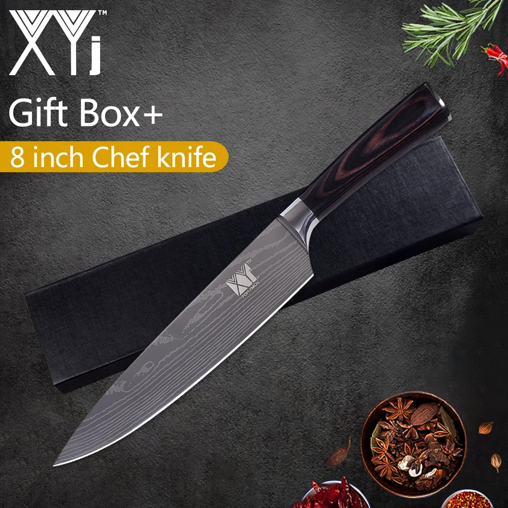 

XYj Kitchen Stainless Steel Chef Knife 8'' 7cr17 Sharp Blade Damascus Veins Gift Box Fish Meat Kitchen Accessory Home Tools