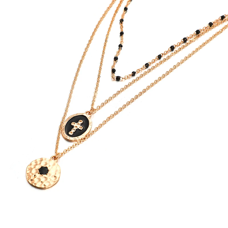 Tocona многослойное ретро ожерелье с кулоном крест для женщин Черная бисерная золотая цепочка-чокер геометрические ювелирные изделия аксессуары B25105