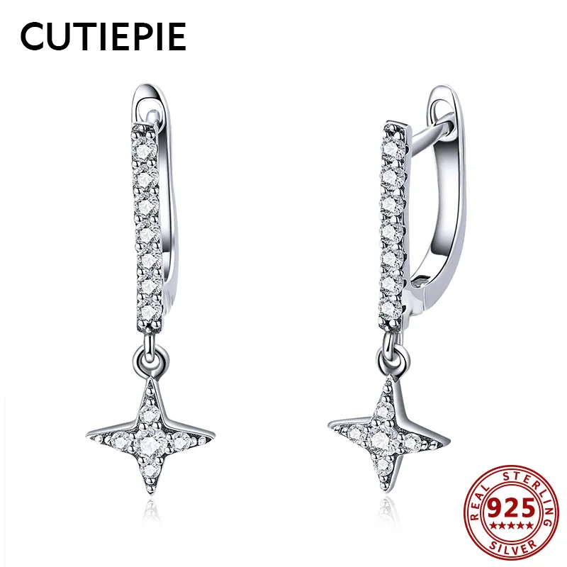 

CUTIEPIE 100% Real 925 Sterling Silver Shining Lucky Star Drop Earrings for Women Clear CZ Earring Wedding Silver Jewelry Gifts