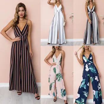 

2019 Fashion Boho Women Ladies Summer Jumpsuits 5 Style Sleeve V-Neck Striped Print Jumpsuits Outfit Party Clothes