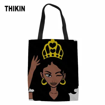 

THIKIN Tote Bag for Women Black Art African Girls Pattern Print Shopping Bags Ladies Canvas Shopper Bag Custom Females Handbag